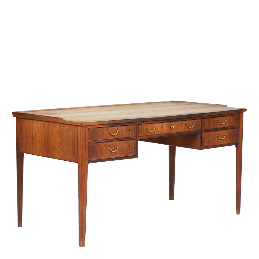 1960s Danish : five drawer rosewood desk w/brass handles & gallery
