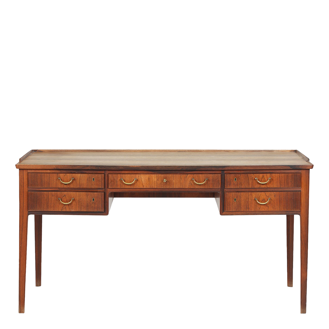 1960s Danish : five drawer rosewood desk w/brass handles & gallery