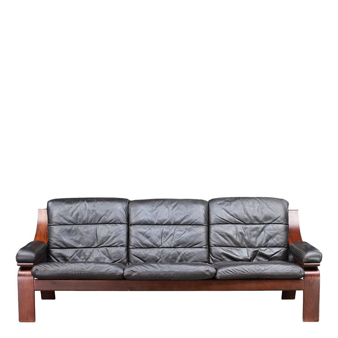 1970s Dutch COJA : bent beechwood and black leather 3-seat sofa