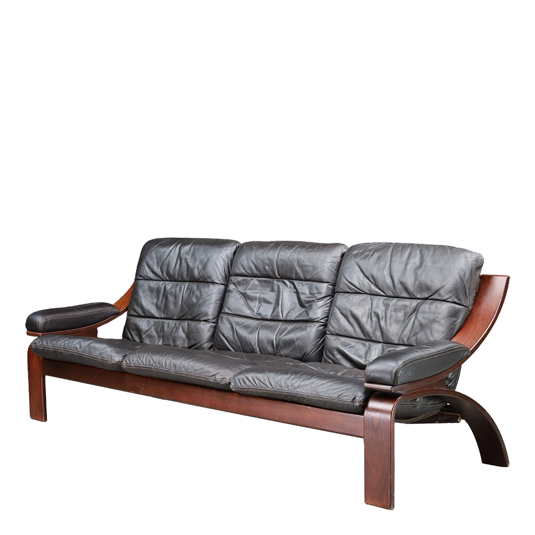 1970s Dutch COJA : bent beechwood and black leather 3-seat sofa