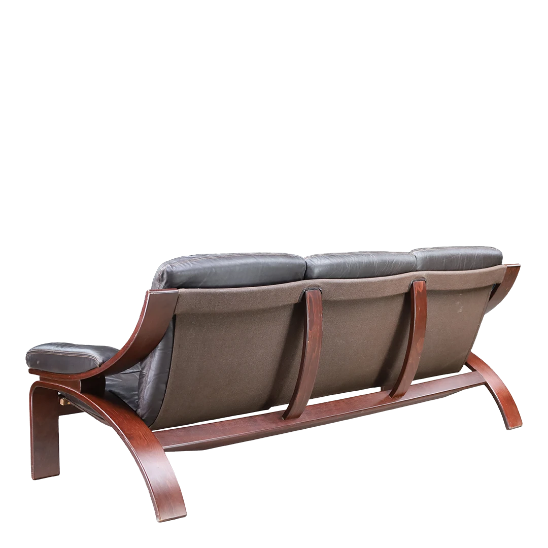 1970s Dutch COJA : bent beechwood and black leather 3-seat sofa