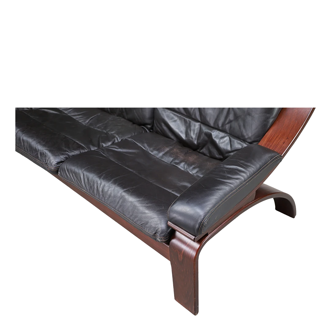 1970s Dutch COJA : bent beechwood and black leather 3-seat sofa