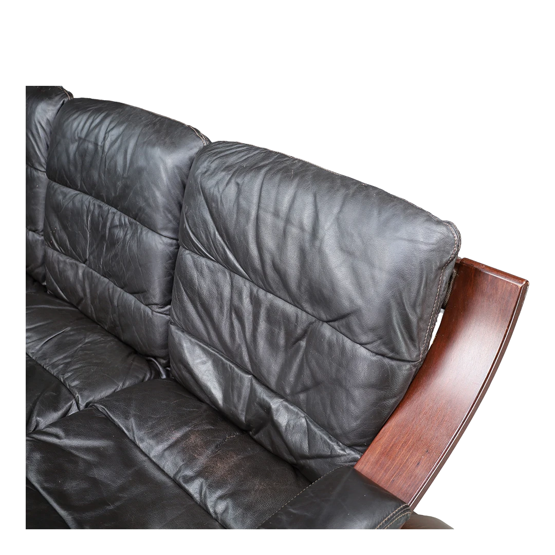 1970s Dutch COJA : bent beechwood and black leather 3-seat sofa