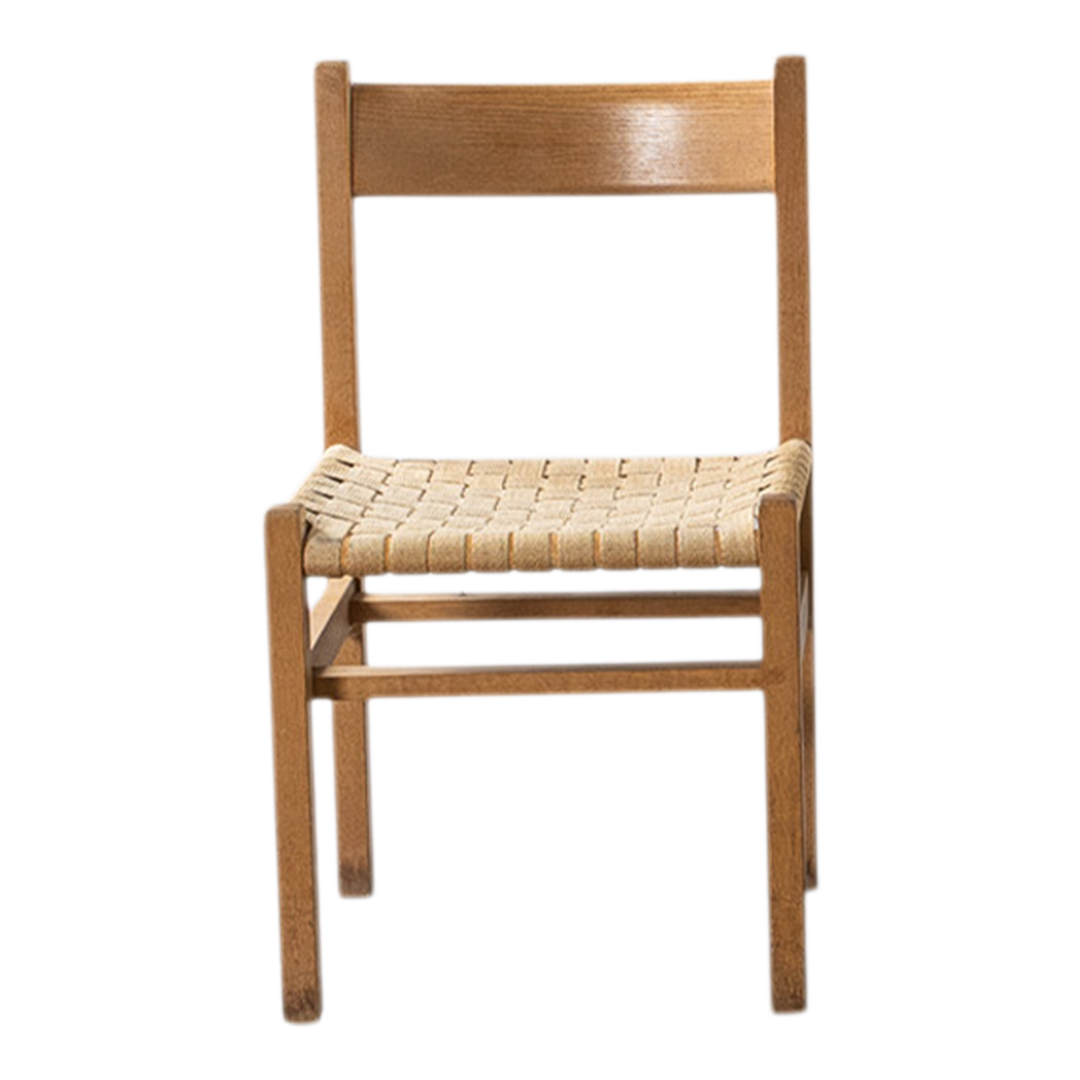 1950s Andrées Fabriks : eight oakwood & woven linen dining chairs, Sweden