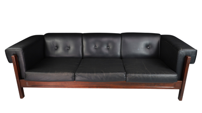 1970s Italian black leather and rosewood 3-seat sofa