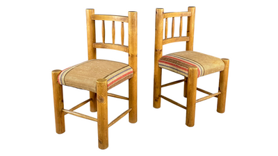 1960s set six Spanish pinewood dining chairs, Kilim seating