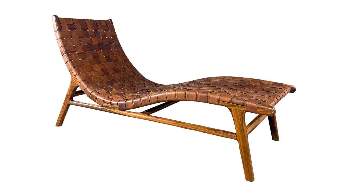 Late 20th woven leather & wood 60" chaise lounge
