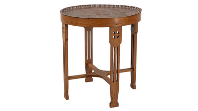 c1915 Arts & Crafts pierced oak side table, copper top
