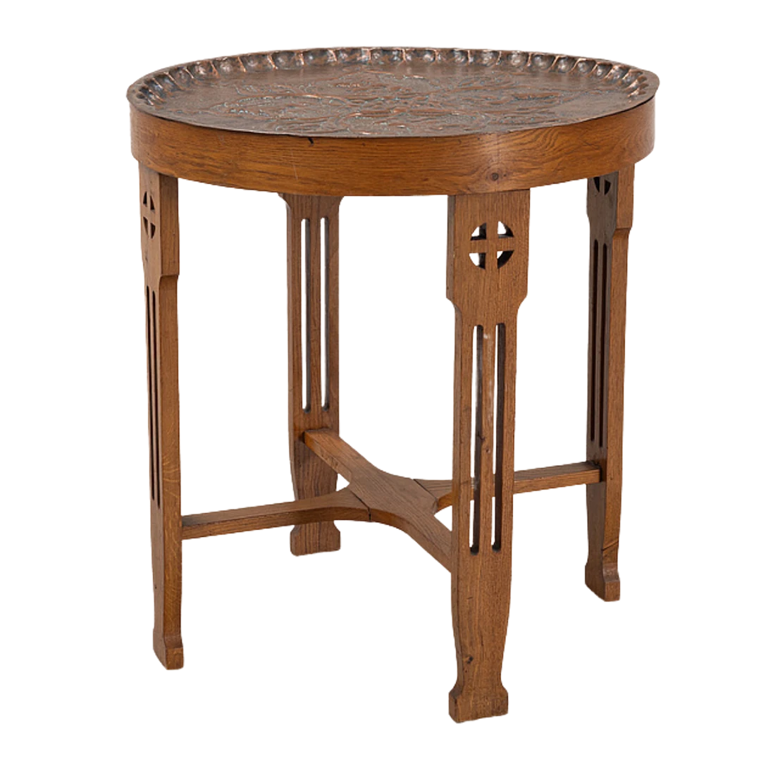 c1915 Arts & Crafts : pierced oak side table with copper top