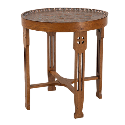 c1915 Arts & Crafts : pierced oak side table with copper top