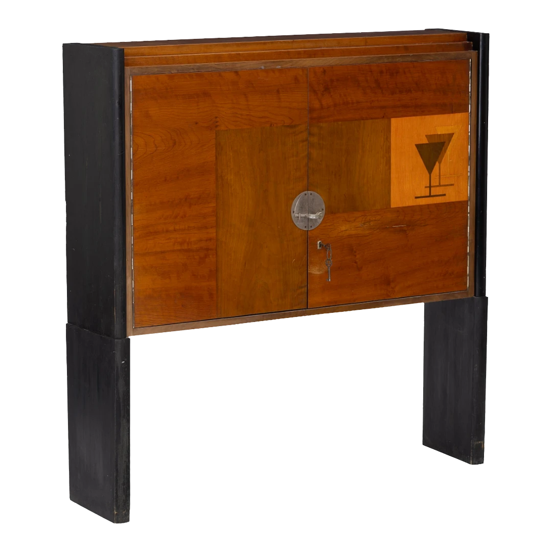 1950s European : lacquered fruitwood liquor cabinet w/inlay