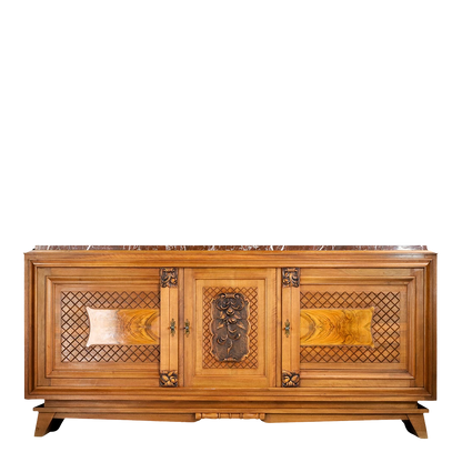 1940s French : elaborate walnut 75" sideboard w/blackened wood top