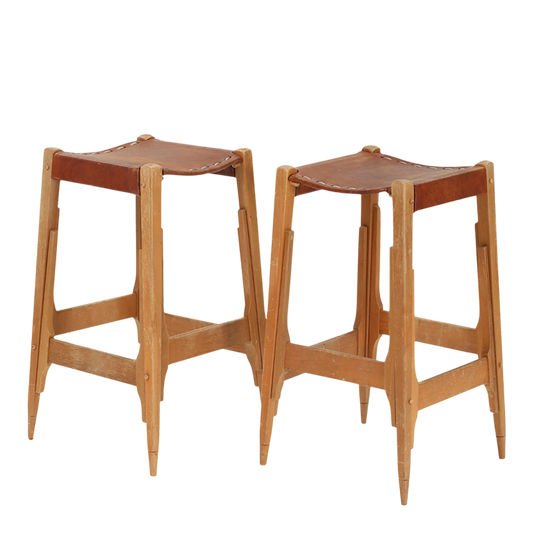 Pair 1960s Werner Biermann : teakwood & stitched leather stools, Colombia