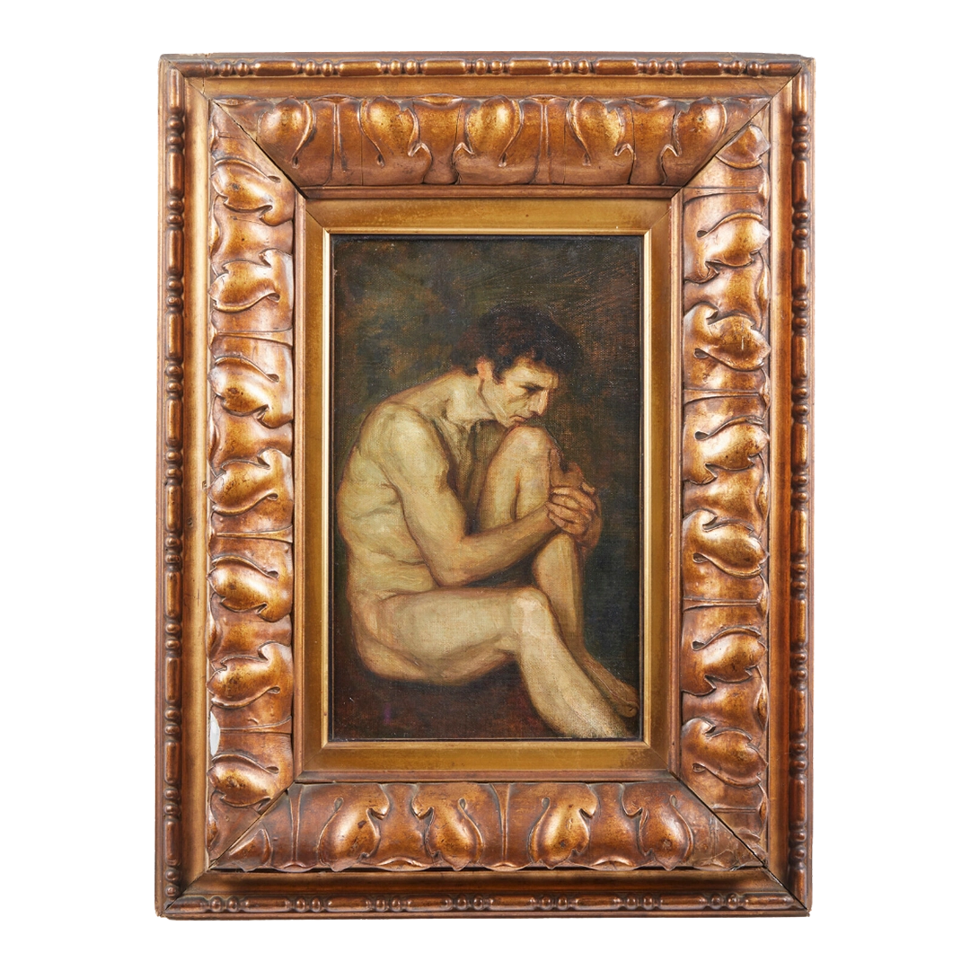 Early 1900s Italian : sitting male nude, ornate frame