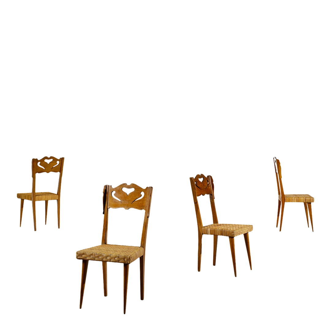 1940s Baroncini Firenze : set four oak & rattan chairs, Italy