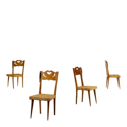 1940s Baroncini Firenze : set four oak & rattan chairs, Italy