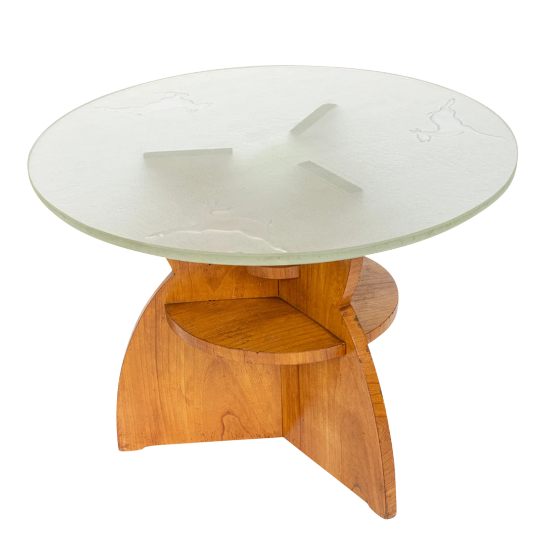 1940s Swedish Glössner : table with etched glass & integrated lighting