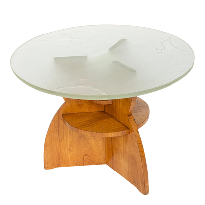 1940s Swedish Glössner : table with etched glass & integrated lighting