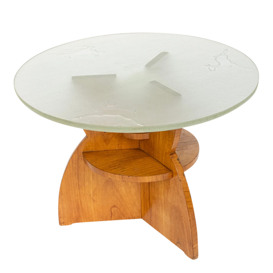 1940s Swedish Glössner : table with etched glass & integrated lighting