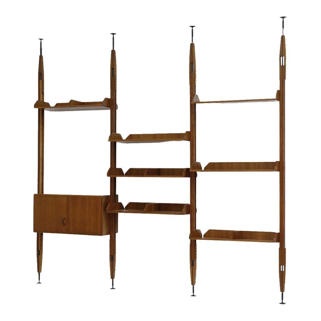 1950s Italian : teakwood 3-bay wall shelving unit