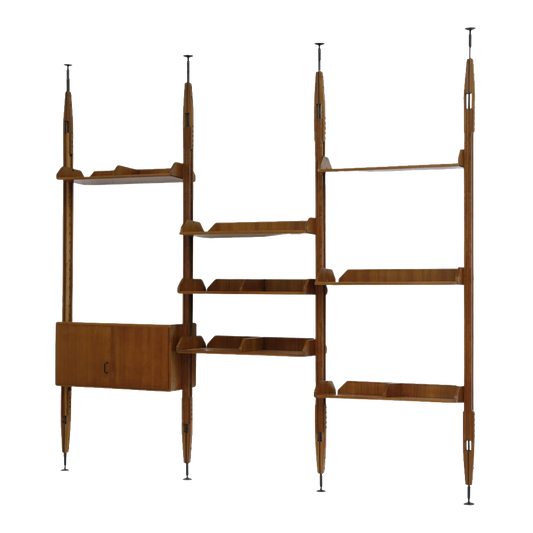 1950s Italian : teakwood 3-bay wall shelving unit