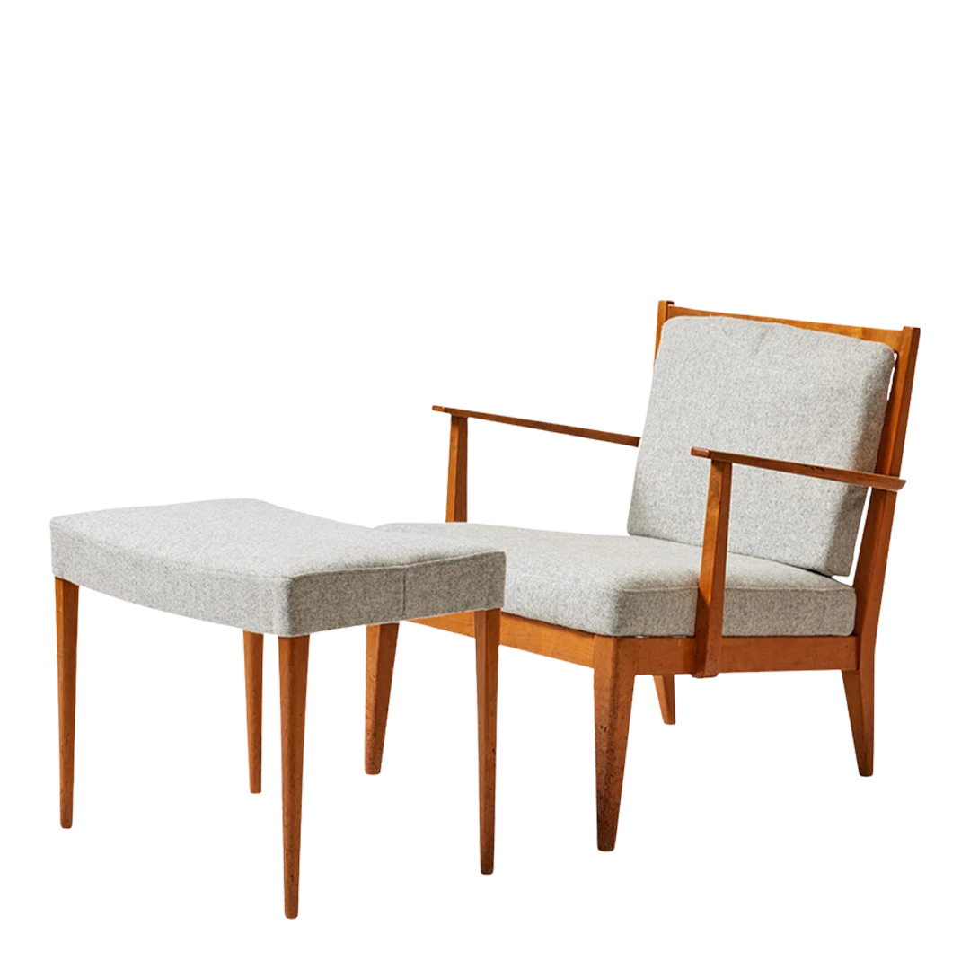 Late 1930s Jens Risom : low birchwood armchair & stool, Denmark