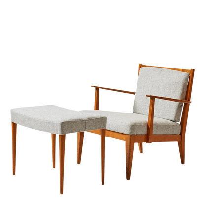 Late 1930s Jens Risom : low birchwood armchair & stool, Denmark