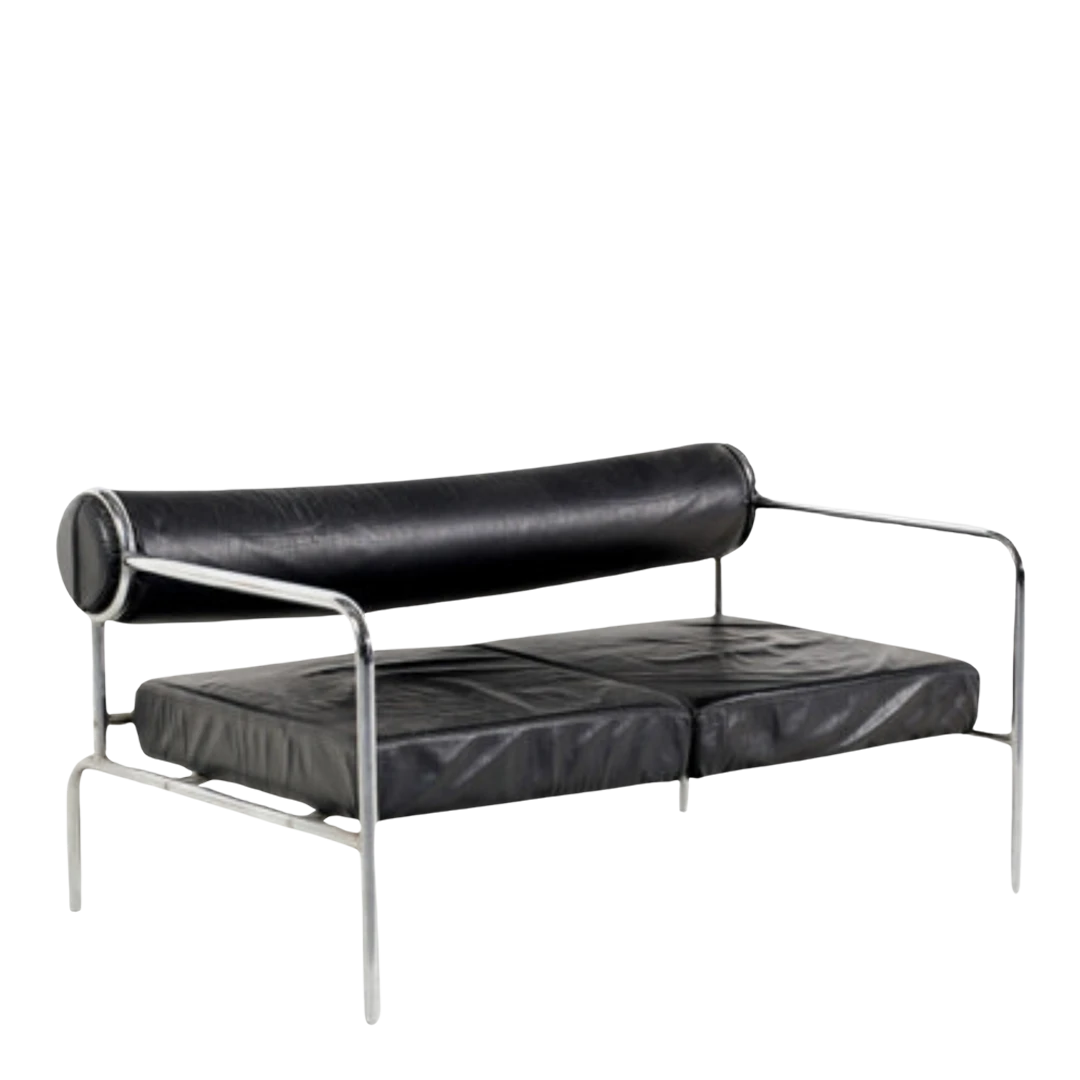 1980s Shiro Kuramata : 2-seat black leather & chrome sofa, Italy