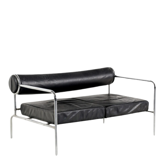 1980s Shiro Kuramata : 2-seat black leather & chrome sofa, Italy