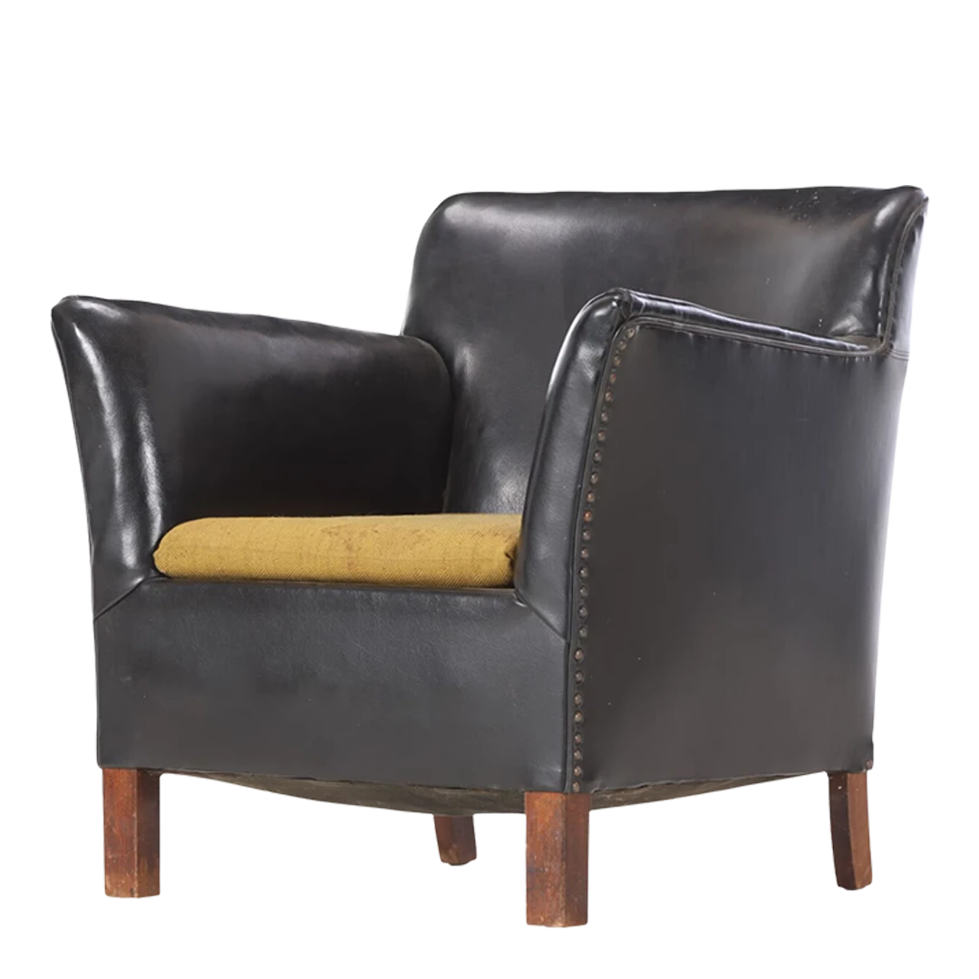 1960s Danish : small black leather flared arm club chair