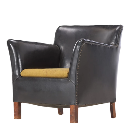 1960s Danish : small black leather flared arm club chair