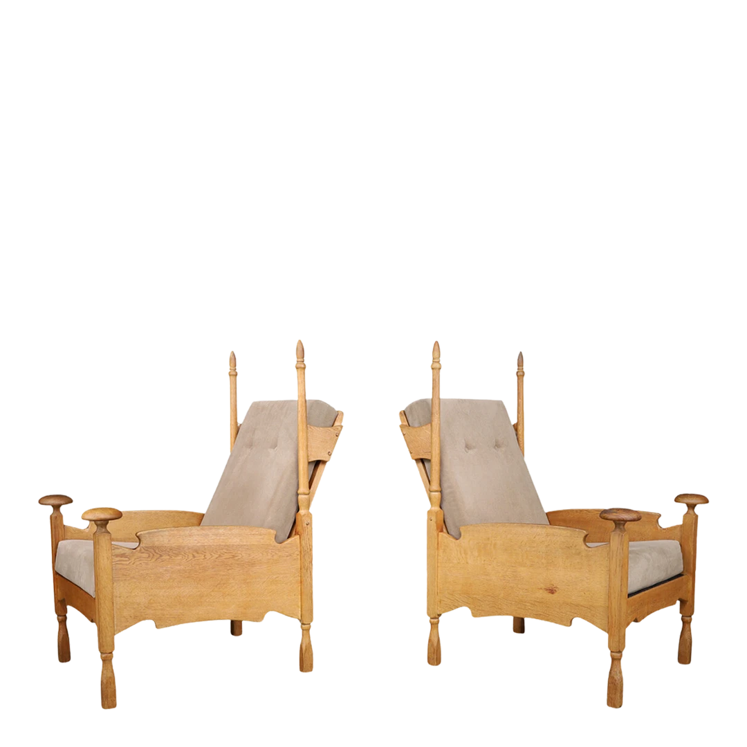 Pair 1960s European : oakwood & canvas "castle' chairs