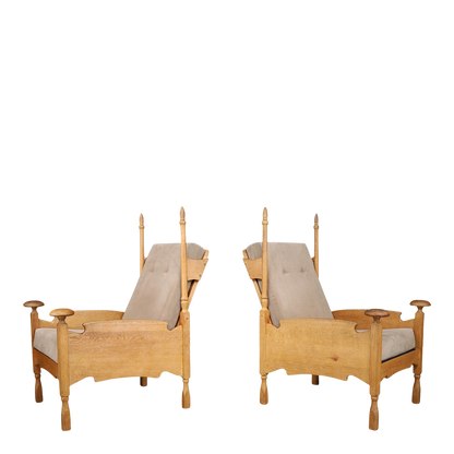 Pair 1960s European : oakwood & canvas "castle' chairs