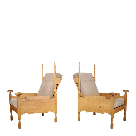 Pair 1960s European : oakwood & canvas "castle' chairs