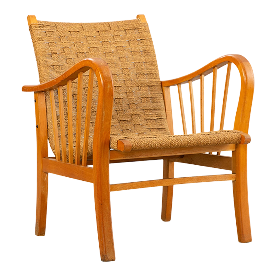 1950s Erich Dieckmann style : corded rope and beechwood armchair