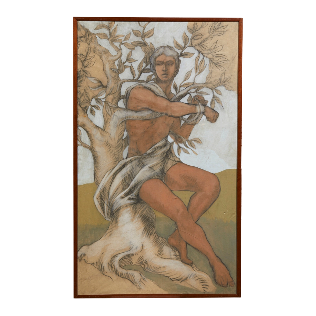 Large Italian c1910 : male figure & tree on board 55" tall