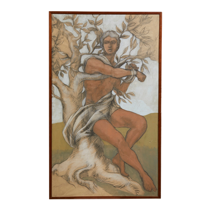 Large Italian c1910 : male figure & tree on board 55" tall