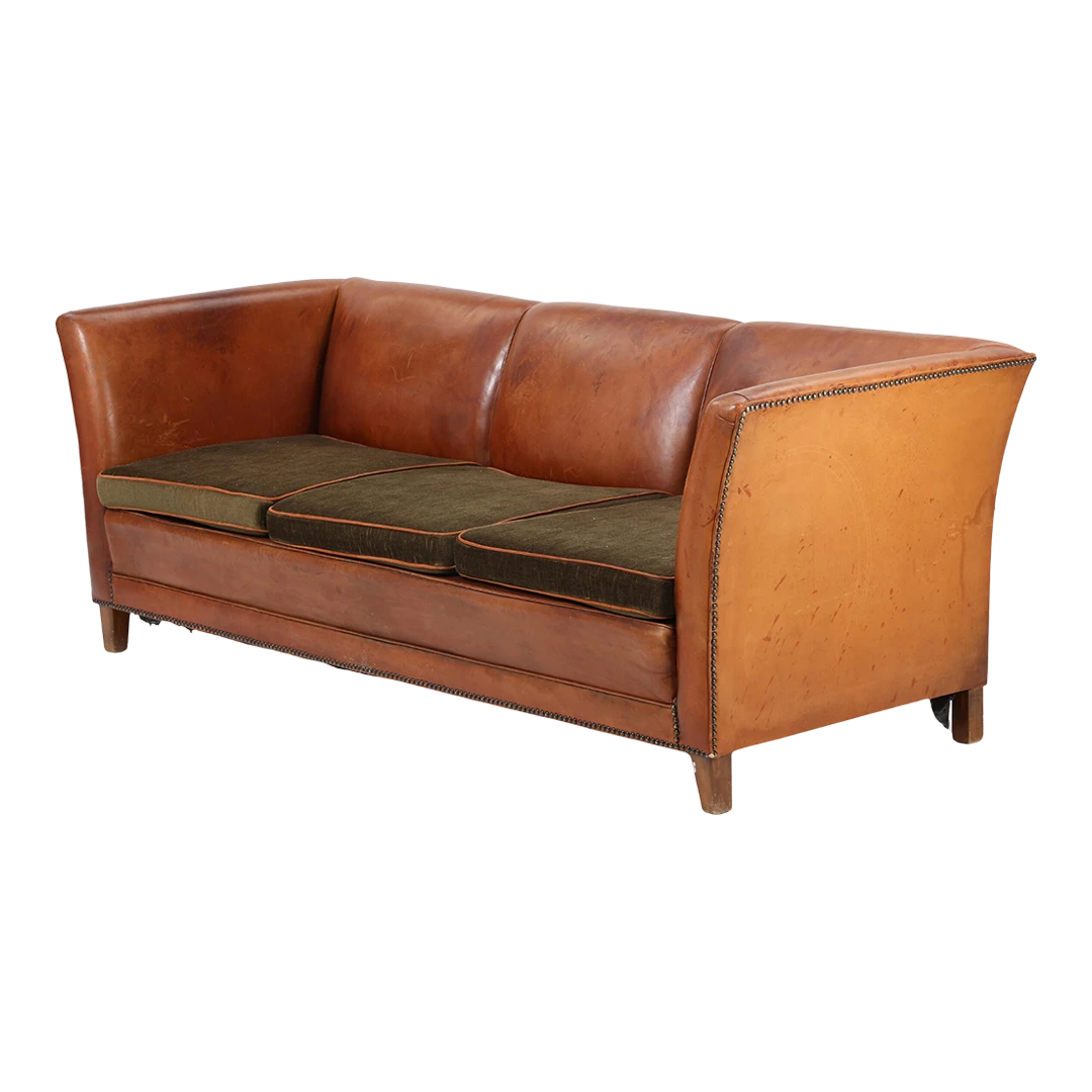 1940s Danish : cognac leather & velvet 3-seat flared arm sofa