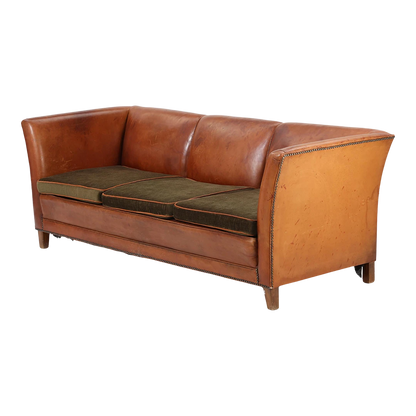 1940s Danish : cognac leather & velvet 3-seat flared arm sofa