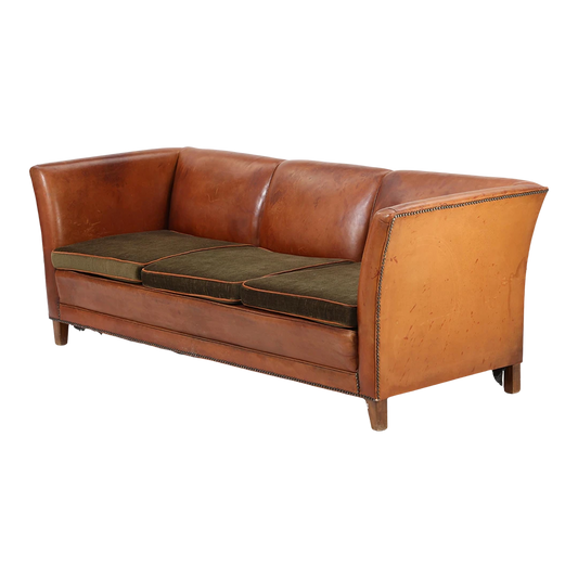 1940s Danish : cognac leather & velvet 3-seat flared arm sofa