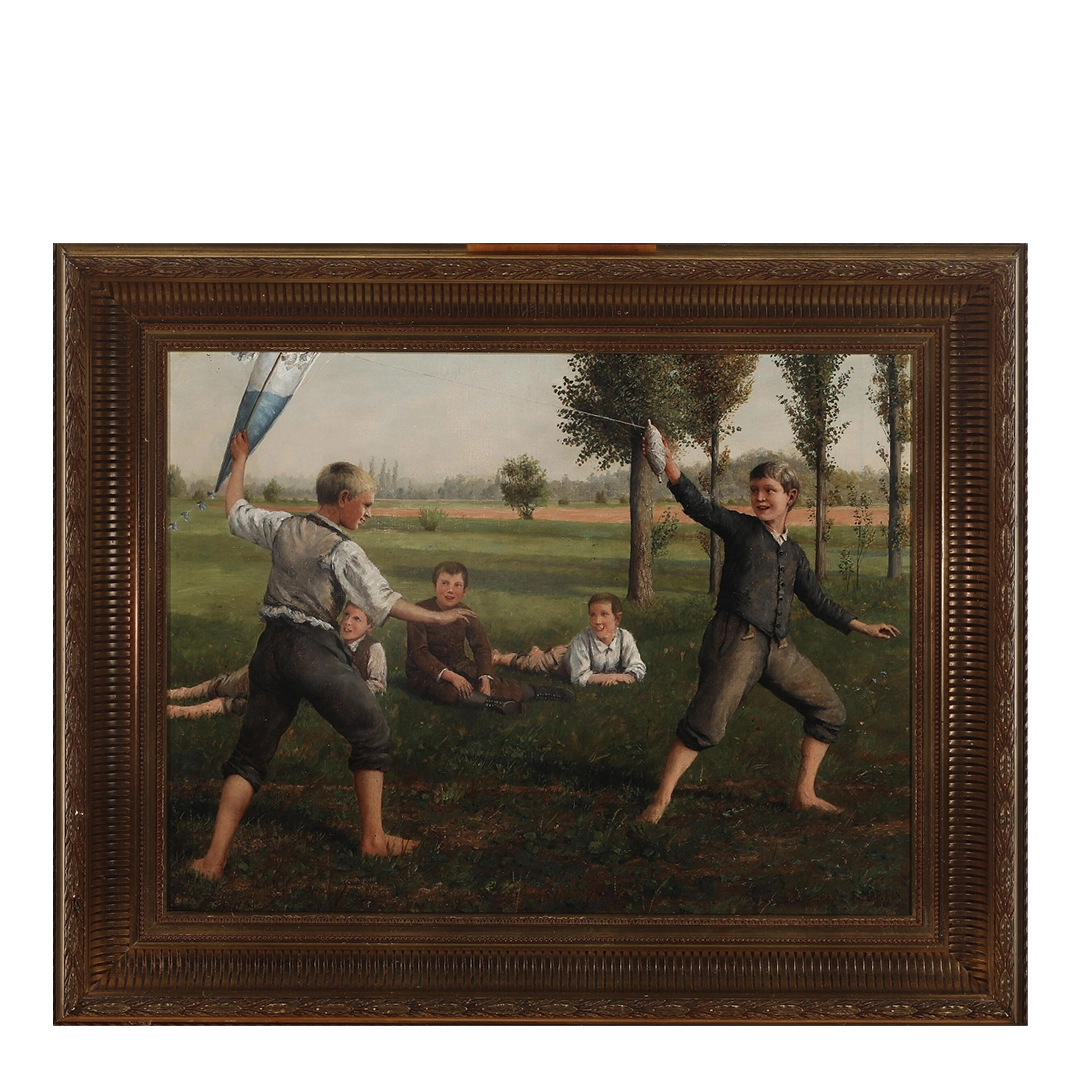 J. Martin, Britain : c1889 dated boys with a kite, o/c