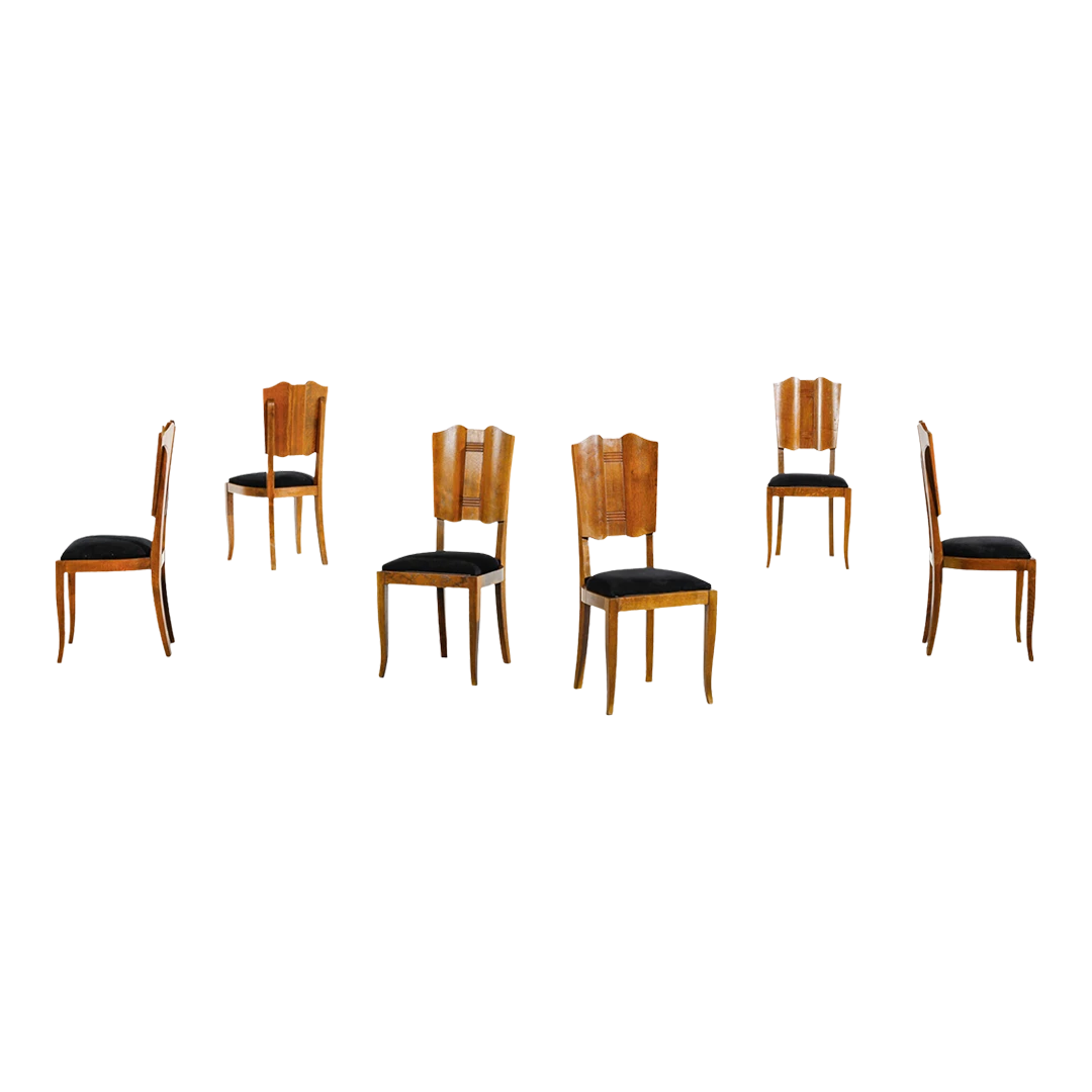 1940s Italian : carved oakwood & velvet dining chairs