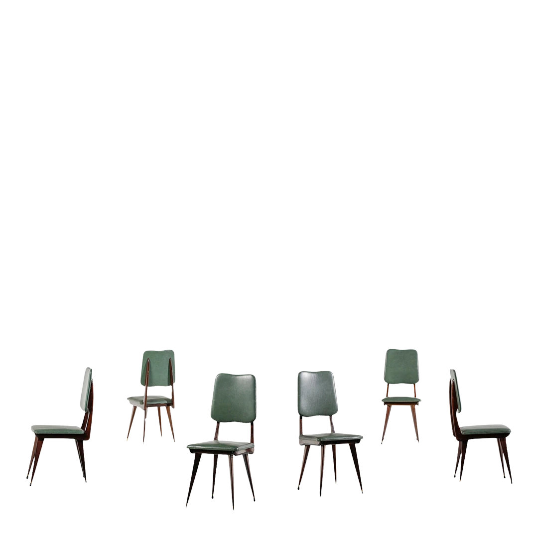 1950s Italian : set six green skai & brass dining chairs