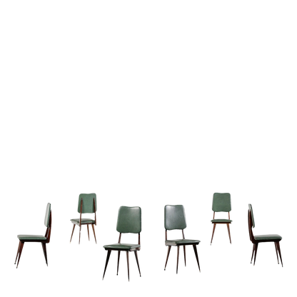 1950s Italian : set six green skai & brass dining chairs