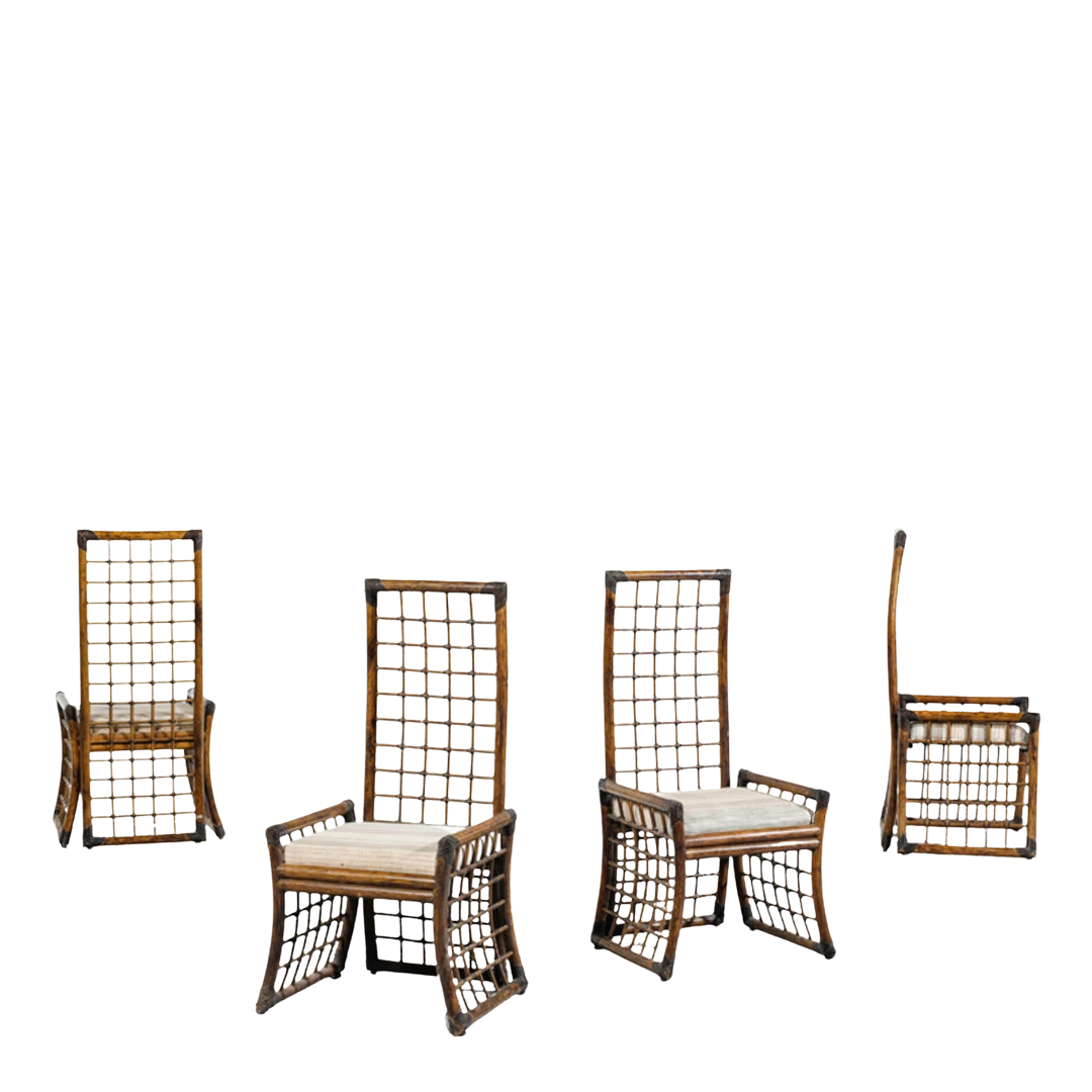 Set Italian 1970s : tall-back bamboo & leather chairs, four