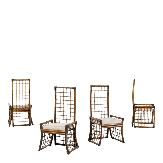 Set Italian 1970s : tall-back bamboo & leather chairs, four