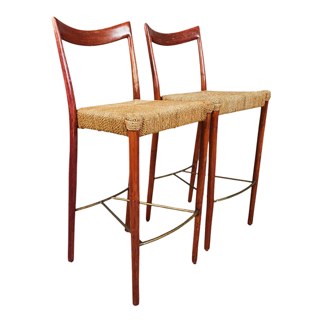 Pair 1970s Italian design : painted bamboo & woven paperboard 28" stools