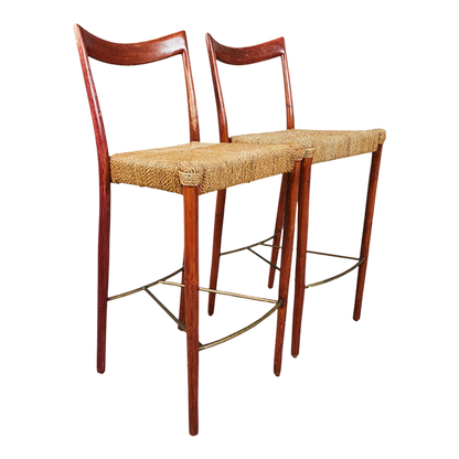 Pair 1970s Italian design : painted bamboo & woven paperboard 28" stools