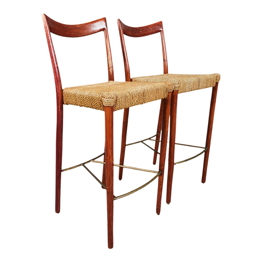 Pair 1970s Italian design : painted bamboo & woven paperboard 28" stools