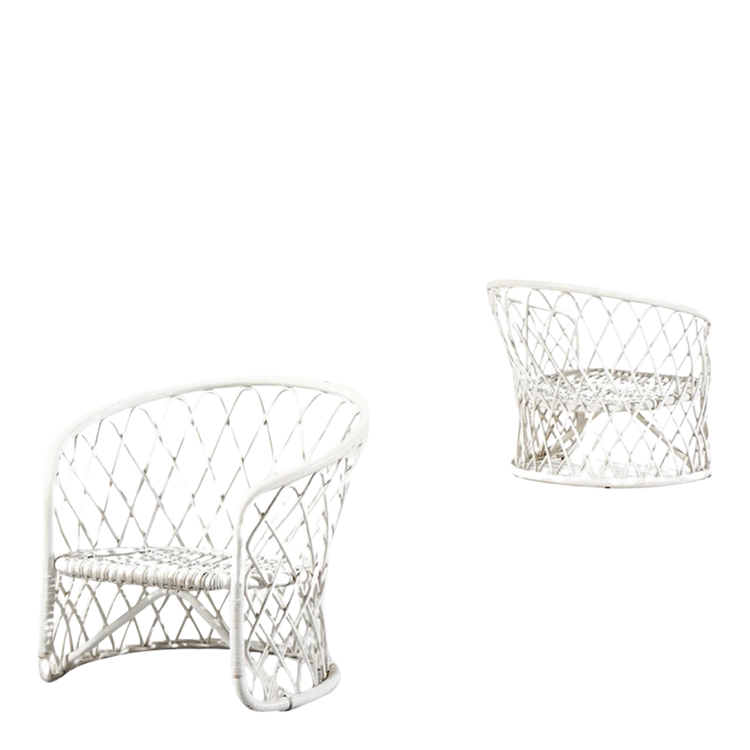 Pair 1960s Italian : white painted harlequin rattan garden chairs